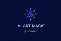 A professional, minimalist logo for a brand called “AI ART MAGIC”. The icon is an abstract, glowing, interconnected node-mesh structure forming a subtle spark of magic. Elegant, clean lines. Below the icon, the text “AI ART MAGIC” is in a modern sans-serif font, with “By: Babakan” written in a smaller, sophisticated font underneath. Color palette: Deep electric blue, neon purple, and crisp white. Vector style, high quality, solid background, professional graphic design.