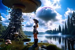 A skinny woman with a Cleopatra hairstyle, short skirt, and knee-high boots, looking out over a lake, in an alien forest, with tall cloud trees, flying mushrooms with octopus tentacles