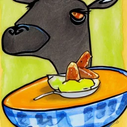 Cute llama is having breakfast. Ink and pencil, colours