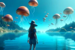 woman standing next to a lake, in an alien forest, flying mushrooms with jellyfish tenacles in a blue sky