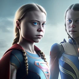  Greta Thunberg portrait in supergirl cyborgs in a cyberpunk city, sci-fi fantasy style, 8k, dark