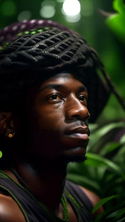 close up portrait of a happy blessed buffalo soldier woven into a sacred geometry knitted tapestry hammock over an ant hill in the middle of lush magic jungle forest, bokeh like f/0.8, tilt-shift lens 8k, high detail, smooth render, down-light, unreal engine, prize winning