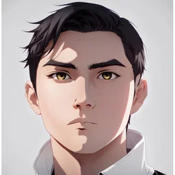 mysterious youthful Russan male, man, dark and intriguing, confident, intense, handsome, anime style, retroanime style, dark black short hairs, white shirt, white paint background, white man, brown eyes, small mustache, The head looks straight ahead