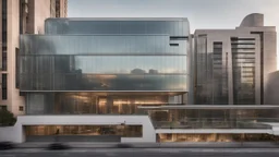 Contemporary glass and steel building with elegant lines and an innovative façade, surrounded by a busy cityscape, modern and in high resolution.