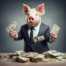 rich pig in suit making stacks of money by making a deal with a buisnessman