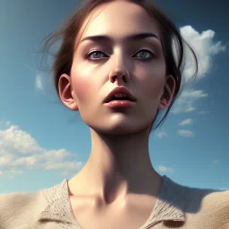 A woman looking at the clouds potrait sadly, realistic, digital art