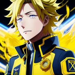 Detailed anime portrait of denki Kaminari my hero academia, yellow hair, black suit, intricate details, full body portrait, keep head in frame, slight smile, black Japanese motif, concept art, highly detailed, digital painting, concept art, sharp focus, illustration, art by Yoji Shinkawa, WLOP and greg rutkowski and alphonse mucha and artgerm and yanjun Chen and Junji ito and Makoto Shinkai, HDR, octane render