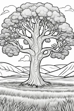 coloring page, tree in a meadow, cartoon style, thick lines, low detail, no shading