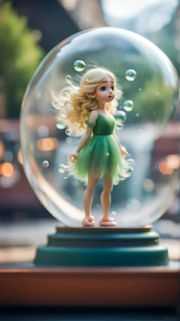 portrait of tiny green winged fairy with blonde swirly hair completly inside crystal ball bubble at the train station under waterfall,bokeh like f/0.8, tilt-shift lens 8k, high detail, smooth render, down-light, unreal engine, prize winning