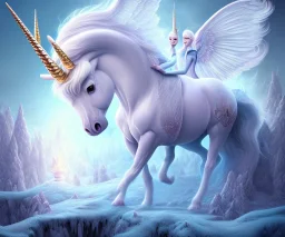 surreal illustration of a colors unicorn on princes frozen ground, realistic, surrealism, surreal unicorn with glowing wings, glowing soft and smooth wings, shadow, abstract surreal fantasy art, highly detailed, intricate patterns on wings, soft studio lighting, smooth dark blue background 64k