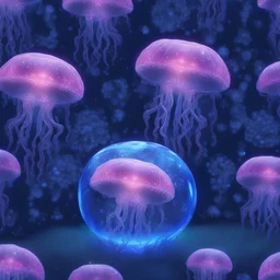 "highly intricately detailed hyperrealistic shot of a shiny glowing crystal Jellyfish inside a jewel encrusted ornate filigree glass apple in a bioluminiscent starry flower meadow! blue pink bioluminiscensce, glowing light, HD film still, uncropped, 8k, incredible depth, dramatic triadic lighting"