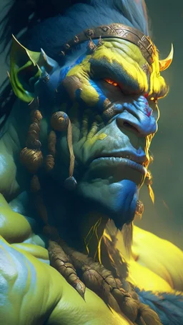 A Na'vi Ogre warrior starring at the viewer, 8k resolution concept art portrait by Greg Rutkowski, Artgerm, WLOP, Alphonse Mucha dynamic lighting hyperdetailed intricately detailed Splash art trending on Artstation Unreal Engine 5 volumetric lighting, by Hajime Isayama