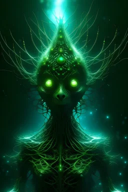 alien skin is green, reminiscent of fresh pine needles, and has glowing patterns that resemble twinkling Christmas lights. Its limbs are long.crown of sparkling ornaments,eyes are large,