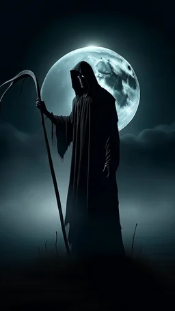 mysterious, hooded figure with a scythe, standing in a misty graveyard under a full moon. The figure should be shrouded in darkness, with only the eerie glow of their eyes and the blade of the scythe visible.