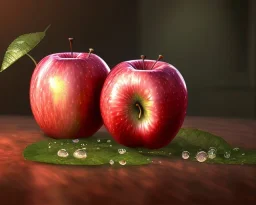 Red apple on the table with a drop of dew, detailed,ultra graphics, RTX, TXXA, SSAO, High quality,hyperrealistic, Super detailed, HDR,4k