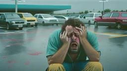 wide angle shot of guy crying in a parking lot in the style of jello