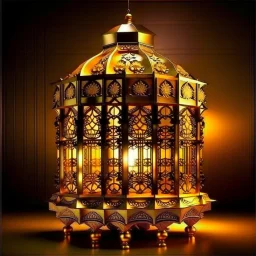 A large golden Ramadan lantern in a place like paradise. From the lantern emerges golden, juicy, amazing, fantastical dates