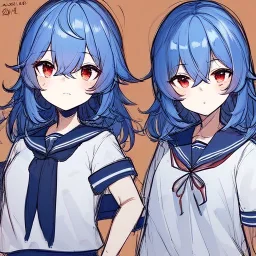 Clear focus, High resolution, rough line sketch art, cute, cartoon, medium blue hair, hair between eyes, fluffy hair, red eyes, wearing a sailor uniform