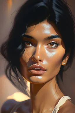 portrait Indian super model cute-fine-face, black hair, pretty face, realistic shaded Perfect face, fine details. realistic shaded lighting by Ilya Kuvshinov Giuseppe Dangelico Pino and Michael Garmash and Rob Rey, IAMAG premiere, WLOP matte print, cute freckles, masterpiece