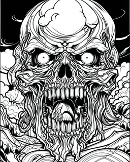 create a 2d black outline, "scary psycho monster death deformation on face and psycho smile coloring book for adults", coloring page, low details design, black contour, coloring page design, coloring page for adults,horror background, black contour and white space beetween contour, same contour,sketch style, horror style, creepy style, minimalist, halloween background,simple, white background