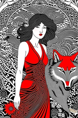 Girl in red dress and big wolf, high quality, highly detailed, Imagine an enchanting illustration inspired by the fusion of Aubrey Beardsley, Chiara Bautista, and Hayao Miyazaki, The composition blend Beardsley's intricate Art Nouveau lines, Bautista's emotionally charged and symbolic characters, and Miyazaki's whimsical and fantastical world-building, The central theme revolve around a surreal and emotionally resonant scene, featuring characters with symbolic elements and set against a backdrop