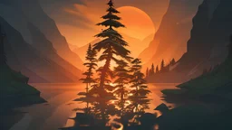 Stylized image of a forest, near a serene lake and mountains in the background at sunrise