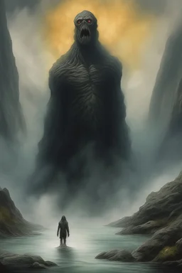 A giant creature of a smoke texture standing in a water in front of a mythical cave in granite volcanic mountain . Busch painting style