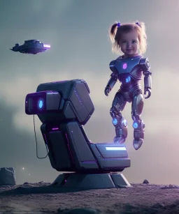 little girl sitting inside a big robot suit, white and purple