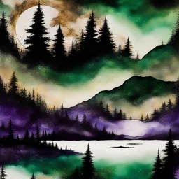 Alcohol ink art with thin black and purple lines at boundaries. Hyper realism, Fantasy, Surrealism, HD, Detailed. Centered. Shades of white, gold, tan, and deep green. A forest with pine trees and nearby lake. Very large full moon on horizon. Reflection. Waves splashing in the night. The sky filled with the cosmic wonder of the Milkyway. Starlit night.