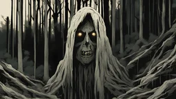 windigo turning to face you, dark forest background, glowing eyes. hunched over, staring covered in decay