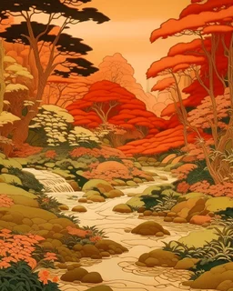 A salmon orange colored rainforest with a creek designed in Mayan architecture painted by Katsushika Hokusai