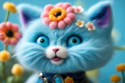closeup, sharp focus, cute faced happy bioluminescent mohair fantasy steampunk animal cat creature, needle felt, big shiny blue eyes S<AI in sunshine, flower pattern background