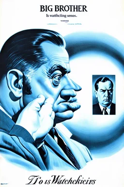 an old poster with "BIG BROTHER"(across top) "IS WATCHING"(across bottom) and the scowling face of a dictator in the middle. wwii era black and white printed poster on old paper