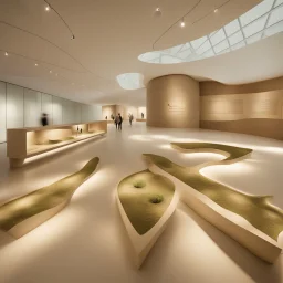 Museum design with “interactive exhibition halls”, natural lighting, modern style, earthy colours