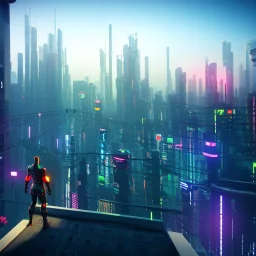 cyberpunk scene, 3d render, great detail, ninja, standing on top of building, viewing the city