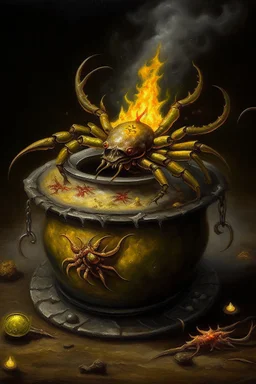 Living cauldron with yellow sigil, slightly demonic crab bat in it, prize winning oil painting