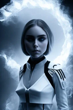 All Black AnnaSophia Robb soldier, ghost, wearing high tech mask, white smoke, dark, rage, sorrow, high definition, ultra 8 k, volumetric lighting, blue fire, fog