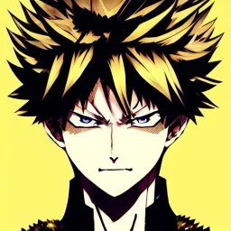 Detailed anime portrait of bakugo from my hero academia, gold hair and golden eyes, black suit, intricate details, full body portrait, keep head in frame, slight smile, black Japanese motif, concept art, highly detailed, digital painting, concept art, sharp focus, illustration, art by Yoji Shinkawa, WLOP and greg rutkowski and alphonse mucha and artgerm and yanjun Chen and Junji ito and Makoto Shinkai, HDR, octane render