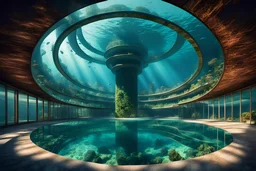 an underwater building in the shape of a twelve-section torus,modern,circle,sea,reflect panel