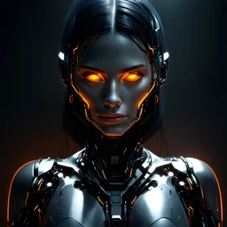 Futuristic female cyborg with a combination of biological and mechanical features, glowing bright orange eyes, detailed cybernetic skin with visible circuits and wires, smoky elements around the head, slightly smiling facial expression, dark hair with a metallic sheen, in a fantastic and somewhat ominous style, dark background.