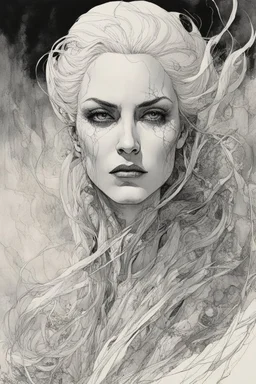 create a highly ethereal, darkly magical surrealist portrait illustration of the mother of vampires, Lamae Bal, with highly detailed and deeply cut facial features, in the chaotic, turbulent, otherworldly landscape of Coldharbour in the comic art style of BILL SIENKIEWICZ and JEAN GIRAUD MOEBIUS, searing lines and forceful strokes, precisely drawn, inked, and darkly colored