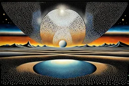 Pointillism surreal abstract landscape, standing and floating geometric shapes, circles, ovale and squares with overlapping shadows, and reflections in iced-desert scene, dark complementer colours, surreal sky, lightning, detailed, masterpiece