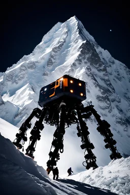 silhouette of a eight legs machine scaling a very steep snow covered side of mout everest at night, it has storage pods on its belly and humans can fit in the pods