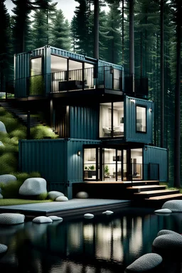 Medium sized, modern house in the woods made from shipping containers, photorealistic