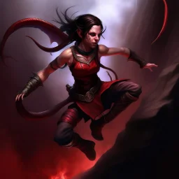 a beautiful tiefling woman with dark hair in a sleeveless battle outfit, floating in the air over a dark chasm, photo quality, dark red colors