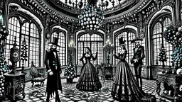 stunning weird goth christmas holiday in vintage goth room 1 xmas tree with black and silver balls decoration, beauty unique victorian goth style clothes women and men talking and dancing each other in tall victorian castle room, ghosts, demons, dark colors, high detalied, sharp focus, high texture, dark fantasy style , surreal vibe