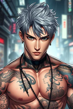 3d detailed anime attraktive young korean male character with elaborate detailed warrior tattooed . The character’s muscular build, some ring jewelry, dark silver hair, dark eyes, young korean man with attractive masculine face, shados, pale light, cyber urban background