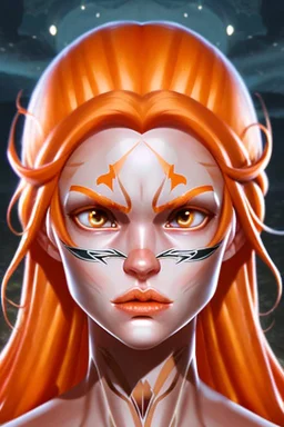 fantasy setting, woman ranger with orange and white hair, tall and frail, soft facial traits