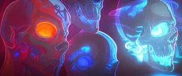 multiple glass human skulls, high temperature, glowing blue on the bottom, glowing red on the top, large blue red and orange flame coming from under and behind hovering in high in the sky, contrasting colors precisionism psychedelic art surrealism street art digital illustration wet wash 64 megapixels 8K resolution 8K resolution telephoto lens telephoto sharp focus Unreal Engine 5 VRay radiant retro futuristic galactic