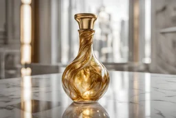 photographie d'une magnifique bouteille en or et en verre transparente, style Murano, posée sur une table en marbre blanc comme dans l'antiquité, vue et angle parfait, reflets magnifique et lumière tamisée, très précis, très intriqué, très stylisé, très propre et épuré, hd, 8k, effet octane